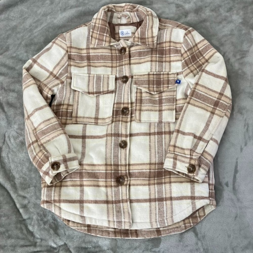 Hurley Cream Brown Plaid Flannel Shacket Jacket Size Small Fall Neutral Layer